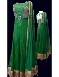 Bottle Green Soft Net Anarkali Churidar Suit